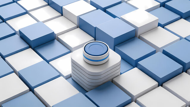Blue and white geometric pattern with cylinder