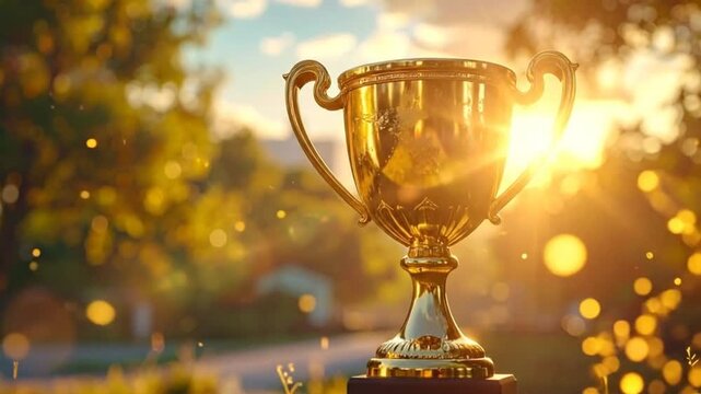 A golden trophy sits in a park, illuminated by the warm morning sunlight