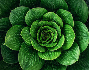 Obraz premium hojas verdes en espiral perfecta con textura húmeda y simetría natural, composición botánica para proyectos de decoracion, bienestar, sostenibilidad, diseño natural y fondos visuales