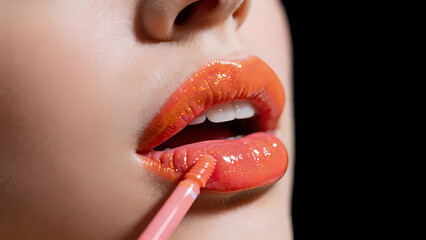Naklejka premium Close-up of red lips on black background