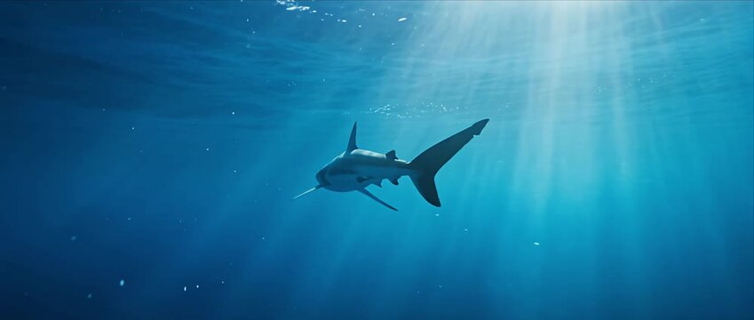 Underwater ocean shark blue sea water wildlife nature sunbeam light marine life scene deep sea animal fast dive motion peaceful drama mood wide shot view shark ocean sea predator marine sunlight swim