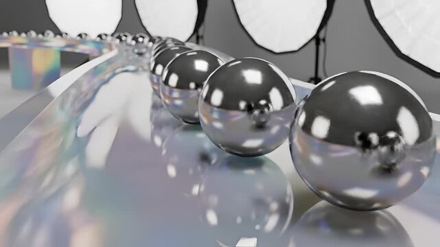 Row of Shiny Metal Spheres on Reflective Surface with Studio Lighting.