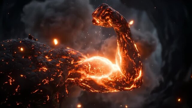 Fiery Lava Creature Flexing Powerful Glowing Muscles in Smoke