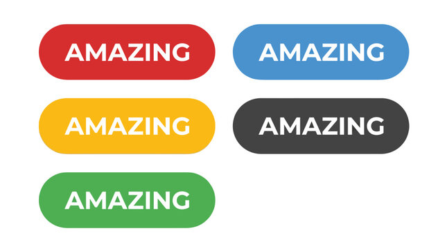 Set of five colorful vector graphic buttons displaying the word amazing in bold white capital letters