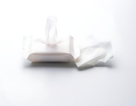 A single white sanitary napkin pad with wrapper partially opened on white background.