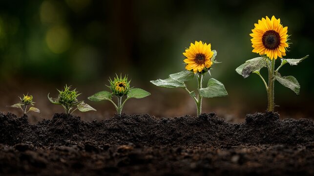 A row of sunflowers growing in soil from small sprouts to full bloom