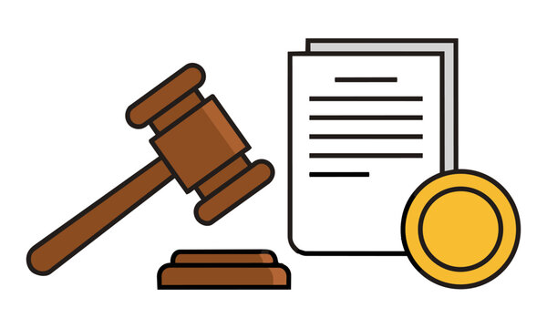 Judge gavel with legal document and coin representing justice and financial law, isolated on white background, legal and financial justice concept