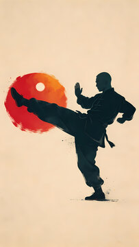Black silhouette martial artist kicking red energy wave