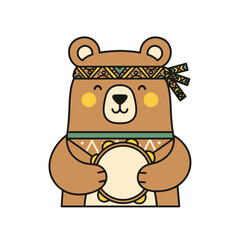 Fototapeta premium Cute cartoon bear playing tambourine with tribal headband.