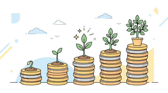 Financial growth, money stack, plant sprouts, investment success, wealth increase