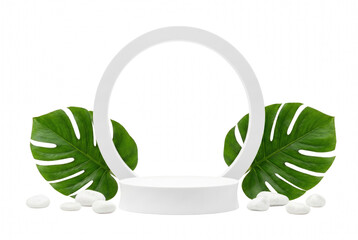 Minimalist white pedestal with circular halo and tropical monstera leaves © Masnoon