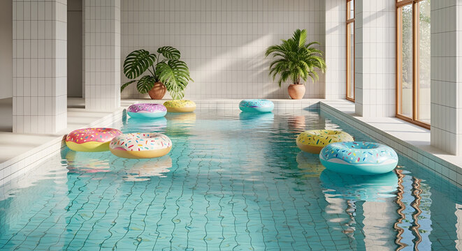 Vibrant Inflatable Donut Floats in a Sunlit Indoor Swimming Pool.
