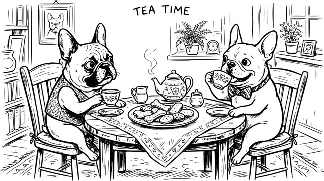 Two French Bulldogs Having Tea Time at a Table with Biscuits Funny Frenchie Dogs Vector Line Art Illustration