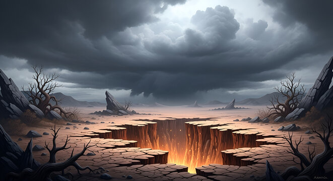 Apocalyptic Landscape with Fiery Chasm Under Stormy Skies.