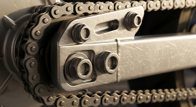 Close-up of a Motorcycle Chain and Swingarm Mechanism.