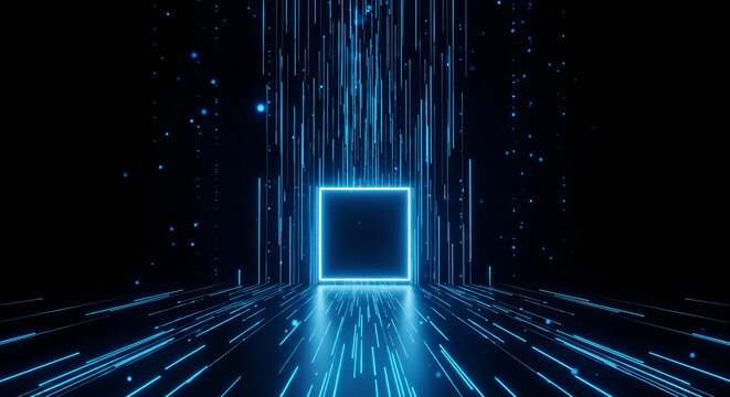 Abstract Blue Neon Square Portal with Digital Data Streams.