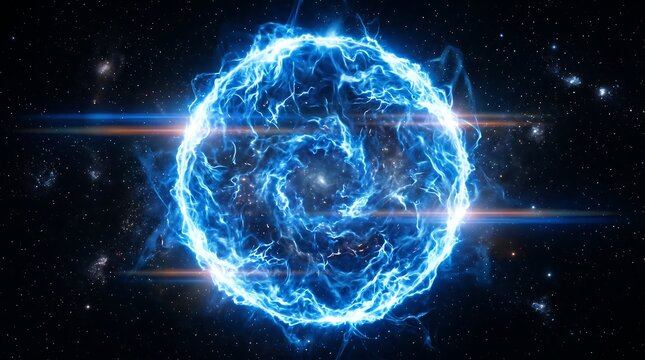 Stunning blue energy sphere floating in deep space interstellar void