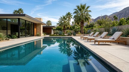 Fototapeta premium Modern home with swimming pool, lounge chairs, and palm trees in a desert landscape