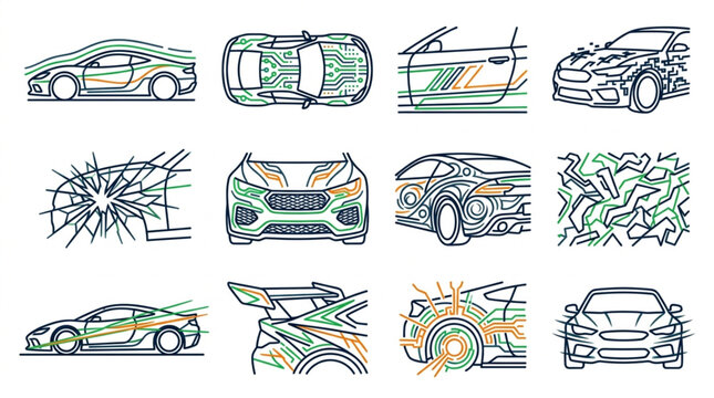 Abstract Car Crash and Structural Analysis Illustrations