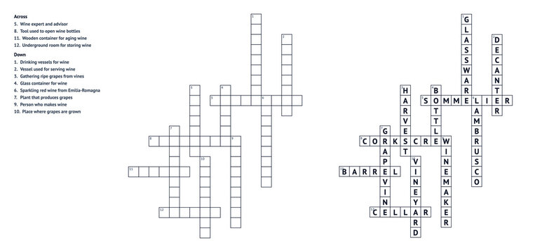 Crossword puzzle template with clues and blank spaces for answers  