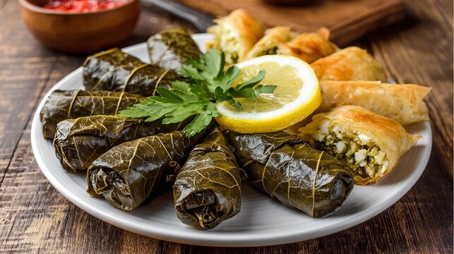 A plate of traditional dolmas and spanakopita on a rustic wooden table with a lemon slice and parsley garnish