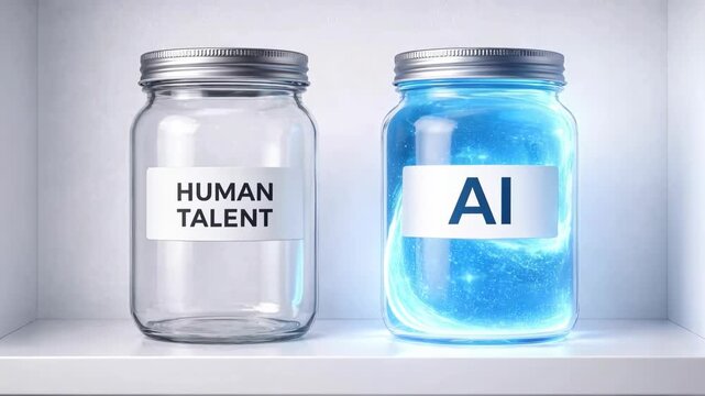 jars representing human talent and ai technology in a conceptual display