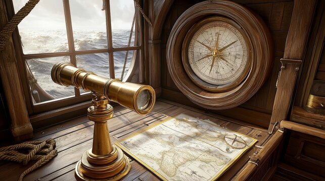 Nautical charts embellishing the walls of a ship&rsquo;s Captain&rsquo;s quarters.