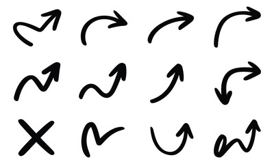 Fototapeta premium Creative collection of hand-drawn black doodle arrows and an X mark pointing in various directions on a clean white background.