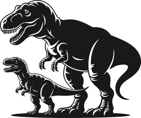 Black and white illustration of a tyrannosaurus rex dinosaur parent and child © Creative Juel 