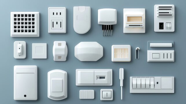 Display of white wall plates and switches contrasting with a blue background.