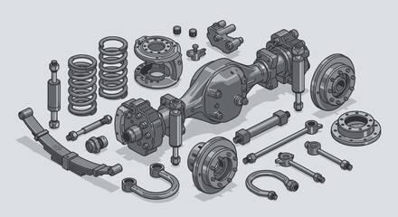 Automotive Suspension Parts and Axle Assembly - Gray Background © ic