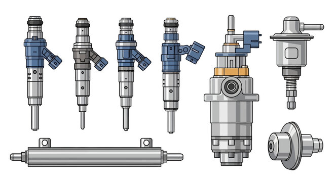 Automotive Fuel Injector Set - Car Engine Parts Illustration