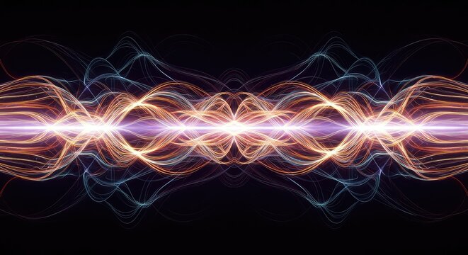 Abstract energetic background displaying complex wave patterns and glowing interference lines indicative of a resonant frequency field structure, data, backdrop, deep