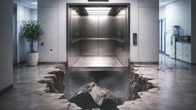 elevator with a large hole in the floor of a modern office building interior