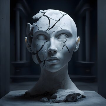 Surreal cracked concrete sculpture of a human head breaking apart in dark museum interior. Conceptual art about mental health, anxiety, identity, and fragility. Dramatic lighting with fallen fragments