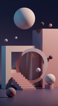 Abstract surreal landscape with impossible geometry, soft pastel tones, and deep shadows creating a bizarre dreamlike scene, impossible, gradient, texture