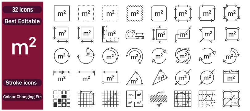 Flat square meter M2 measuring symbol in a clean linear style, representing surface area and space measurement. Minimal vector icon