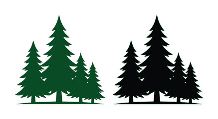 Evergreen pine tree silhouettes in green and black, coniferous forest timber vector icons, minimalist spruce and fir tree nature graphics © Jemie