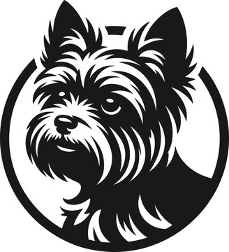 Stylized black and white vector illustration of a yorkshire terrier dog head portrait inside a circular frame