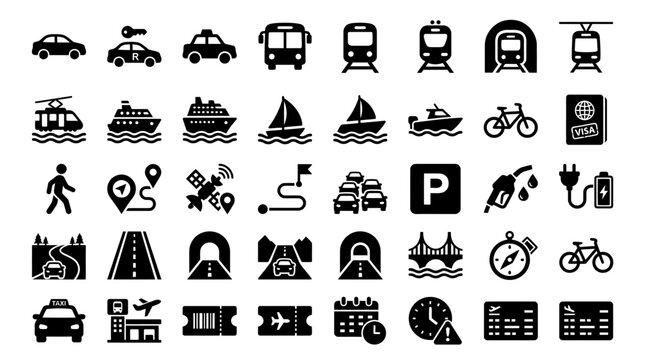 Collection of black transportation icons featuring cars trains boats bicycles pedestrians and airports for travel and transit scenes.