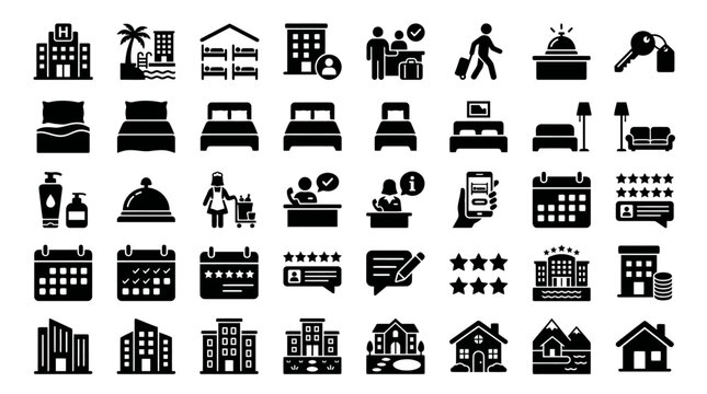 Collection of diverse black silhouette icons representing buildings, transportation, and urban life in a compact grid.