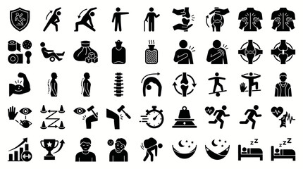Collection of black silhouette icons depicting diverse actions, objects, and scenes in a monochrome style. © pixmastock