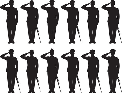 Silhouettes of soldiers saluting in a line