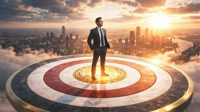 Businessman standing confidently on target platform overlooking city skyline at sunset