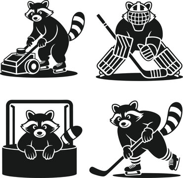 Set of cartoon raccoons playing hockey and driving a zamboni