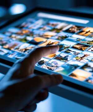 Hand Pointing at Stock Photo Search Screen on Digital Monitor. Concept of digital photography search, online image library and visual content browsing