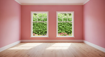 Fototapeta premium Empty Room With Pink Walls and Two Windows Overlooking Greenery.