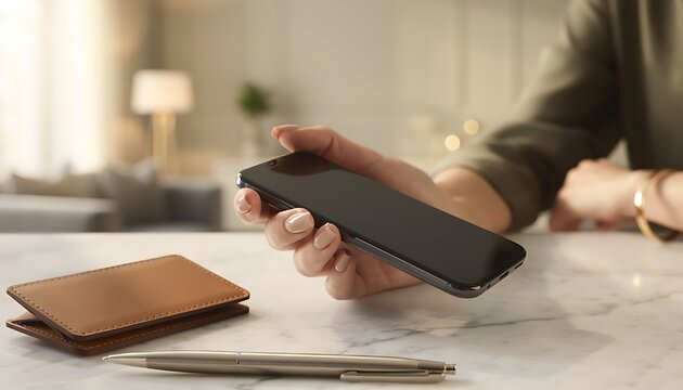 A woman holding a blank screen smartphone at a desk with a wallet and pen.