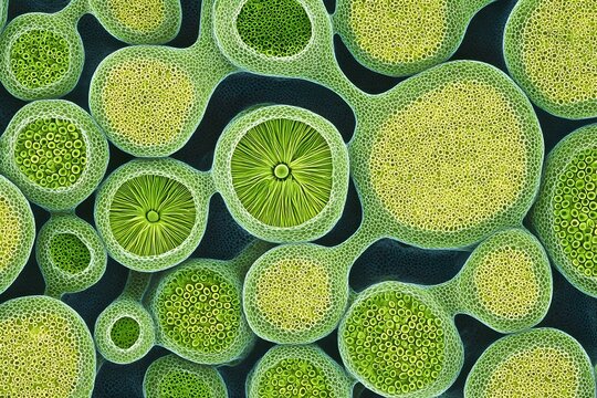 Microscopic view of green algae cells and circular plant tissue structure