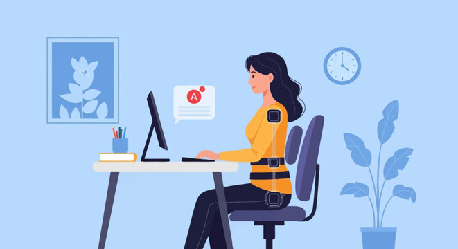 Flat vector illustration of a woman sitting at a desk using an AI-powered posture correction wearable with sensors to maintain healthy spinal alignment while working on a computer.